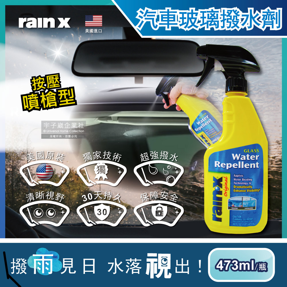 【美國RAINX潤克斯】按壓噴槍型強效耐久0附著汽車玻璃撥水劑473ml瓶(後視鏡車用前擋免雨刷玻璃精鍍膜劑