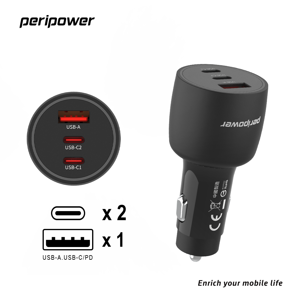 peripower PS-02 極速 95W 雙 USB-C PD + QC 3.0 三孔車用快充