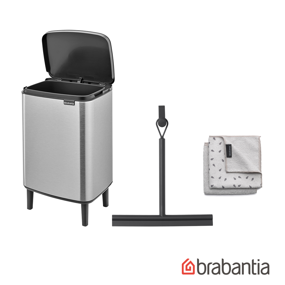 【Brabantia】BO WASTE BIN 掀蓋式高腳-環保垃圾桶12L-不鏽鋼(搭刮水器、抹布)