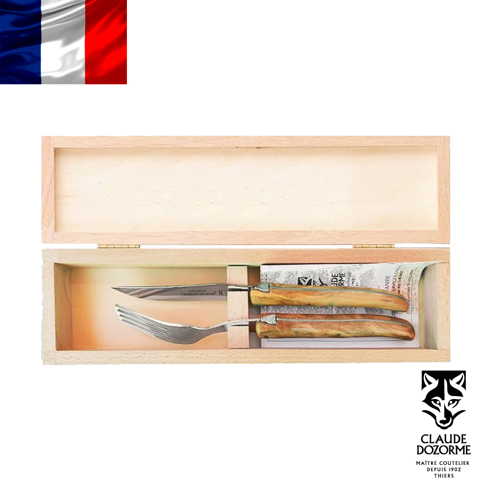 法國【Claude Dozorme】Laguiole 基本細柄系列-橄欖木刀叉木禮盒組