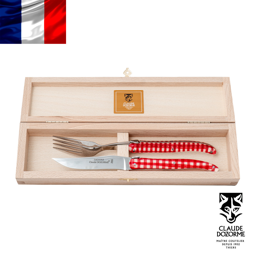 法國【Claude Dozorme】Laguiole基本細柄系列-壓克力握柄/手工牛排刀/刀叉木禮盒組
