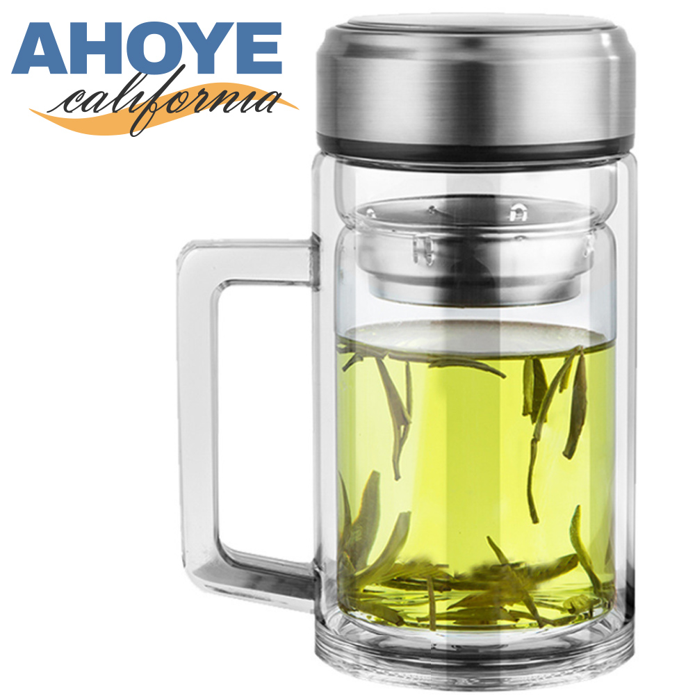【Ahoye】商務型雙層加厚玻璃泡茶杯 380mL 304不鏽鋼杯蓋 保溫杯
