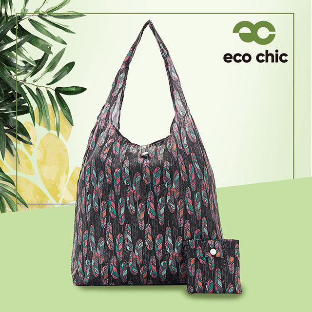 【英國ECO】時尚摺疊購物袋-黑羽毛(100%再生環保纖維布料)