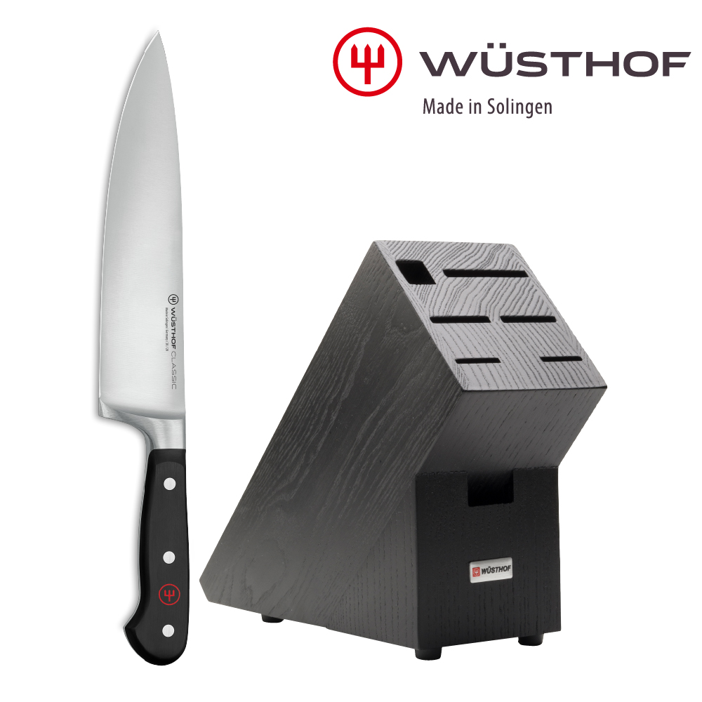 《WUSTHOF》德國三叉 CLASSIC 20cm主廚刀+刀具座(黑色梣木)