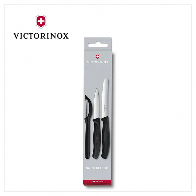 VICTORINOX 6.7113.31 餐刀組/黑(番茄刀+直立式刨刀+尖平刀)