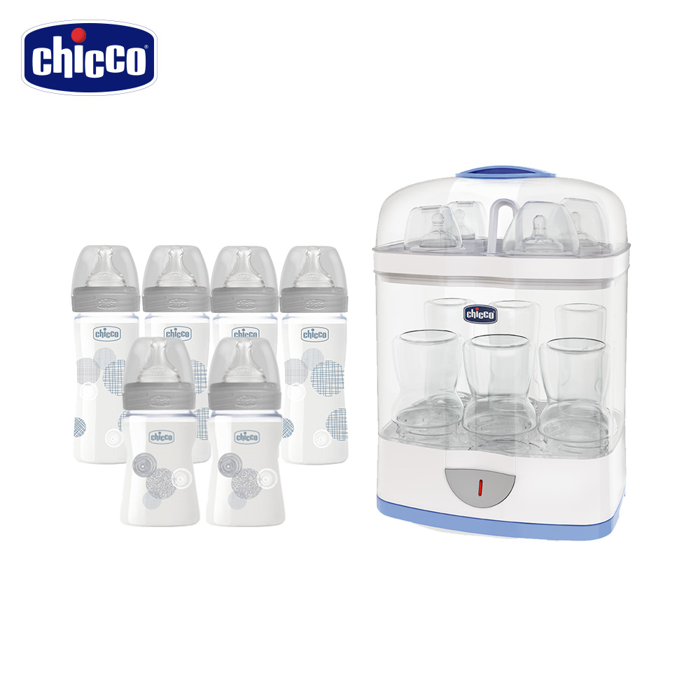 【chicco】消毒鍋特惠組(消毒鍋+舒適哺乳防脹氣玻璃奶瓶4大2小)