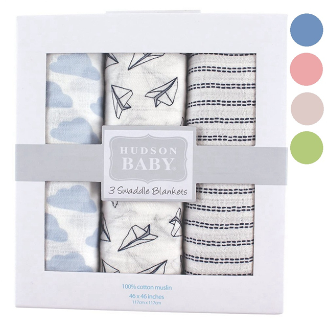 美國Hudson Baby 嬰兒多用途純棉紗布巾包巾3入禮盒組