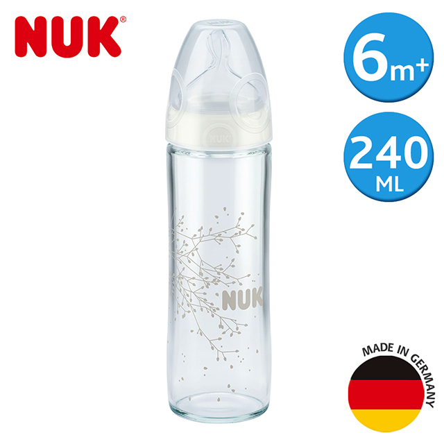【NUK】德國NUK-輕寬口徑玻璃奶瓶240ml-附2號中圓洞矽膠奶嘴6m+(顏色隨機出貨)