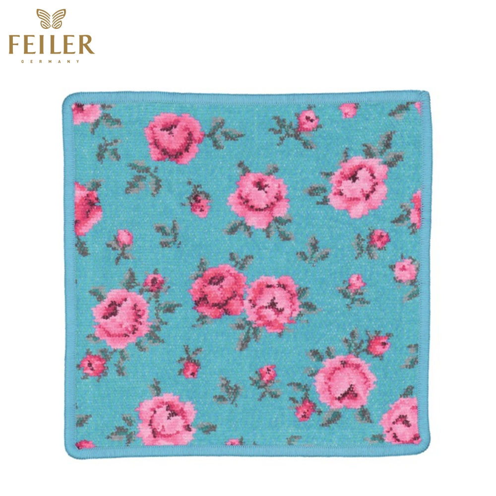 【Feiler】粉紅小花方巾(25x25)青