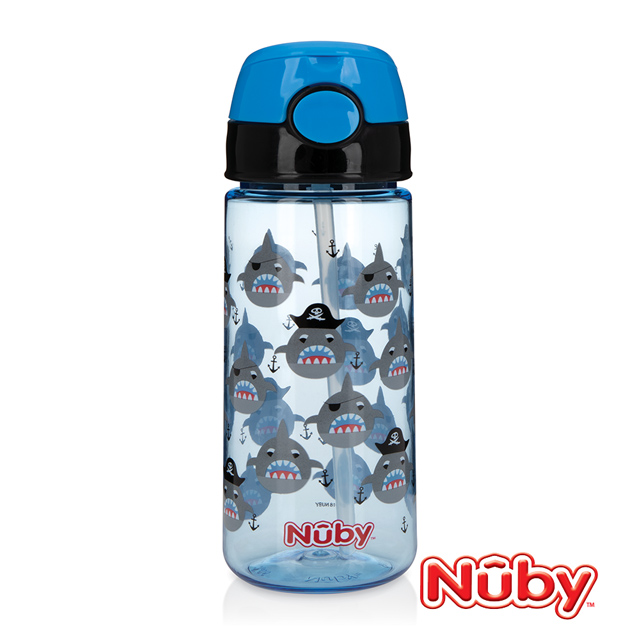 Nuby 晶透運動水杯(細吸管)532ml 藍黑(鯊魚)