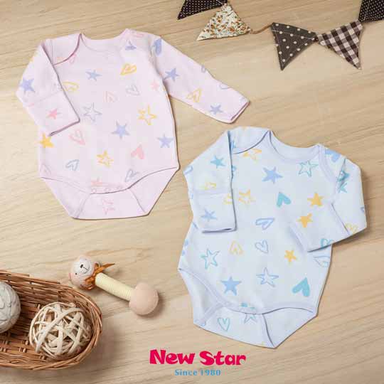 Newstar 星星愛心 厚-100%純棉嬰兒包屁衣l連身服 長袖、護手反摺[無甲醛、無螢光劑-藍色/粉紅色
