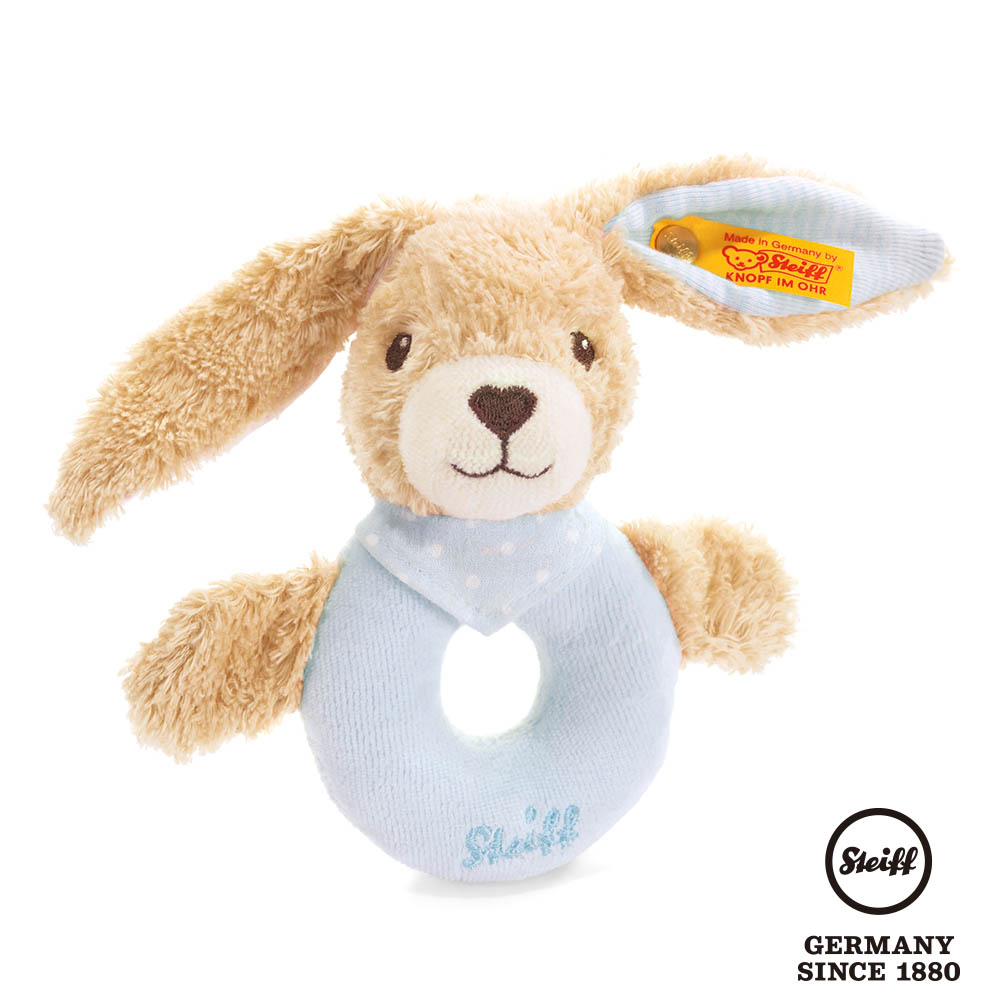 STEIFF德國金耳釦泰迪熊 - Hoppi Rabbit 藍色小兔子(嬰幼兒手搖鈴)