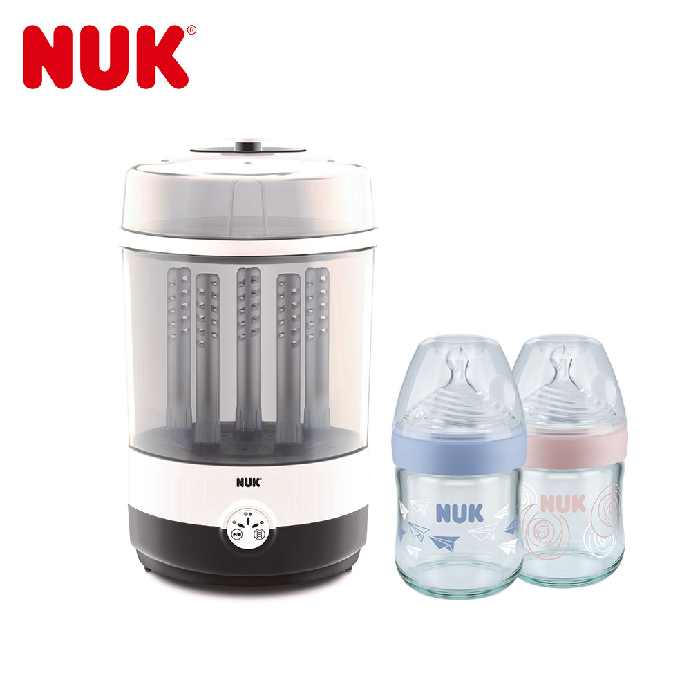 【NUK】二合一蒸氣烘乾消毒鍋+自然母感玻璃奶瓶120ml-1號M-2入(顏色隨機出貨)