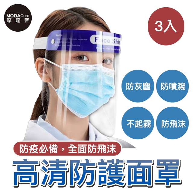 摩達客-藍帶頭戴式透明防疫面罩三入優惠組(成人隔離防護面罩/全臉)