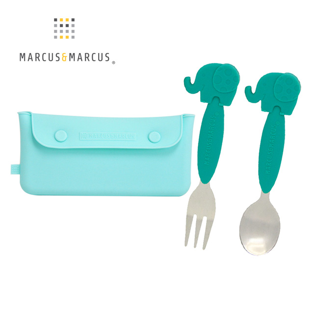 MARCUS＆MARCUS 輕巧兒童外出餐具3入組(收納袋+叉匙組)-限定綠