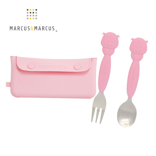 MARCUS＆MARCUS 輕巧兒童外出餐具3入組(收納袋+叉匙組)-限定粉