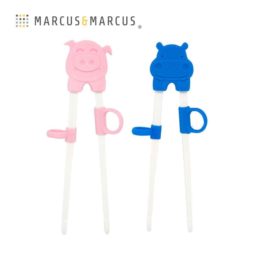 MARCUS＆MARCUS 動物樂園幼兒學習筷2入組 (藍河馬+粉紅豬)