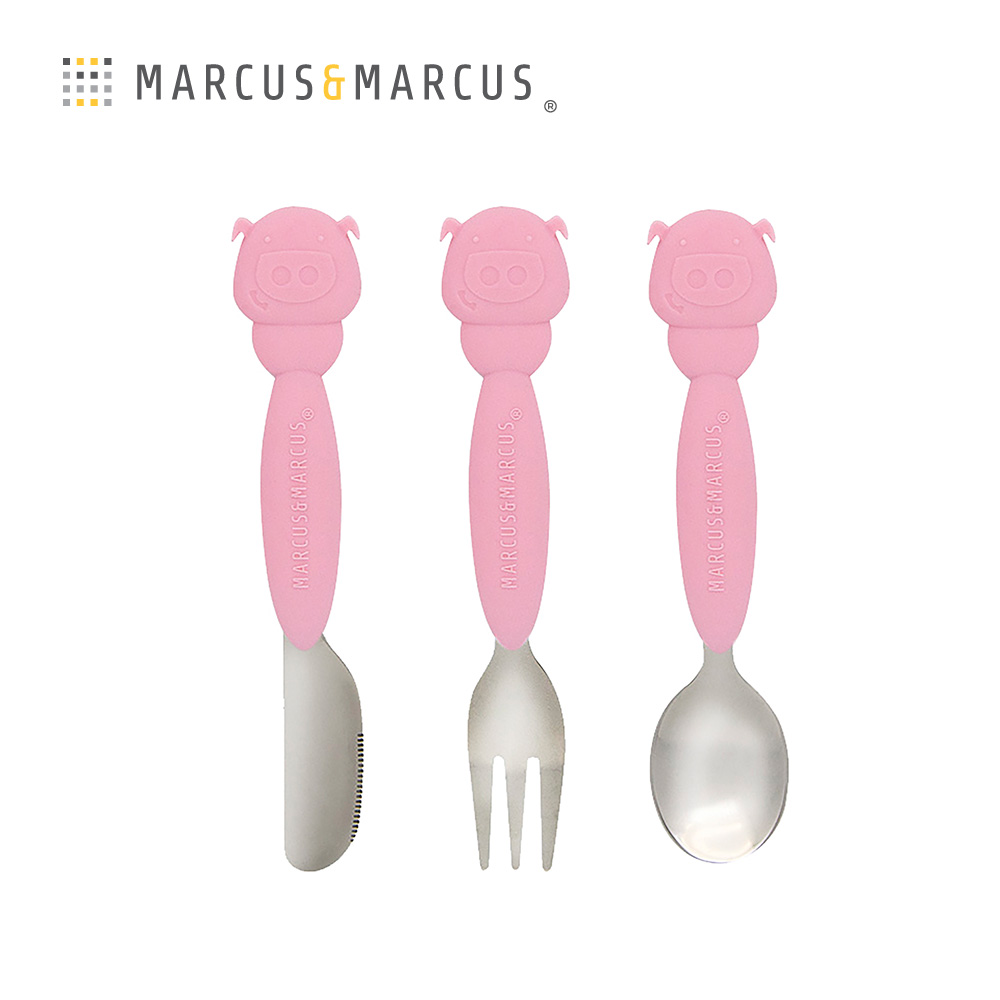 MARCUS＆MARCUS 動物樂園不鏽鋼刀叉匙三件組-粉紅豬