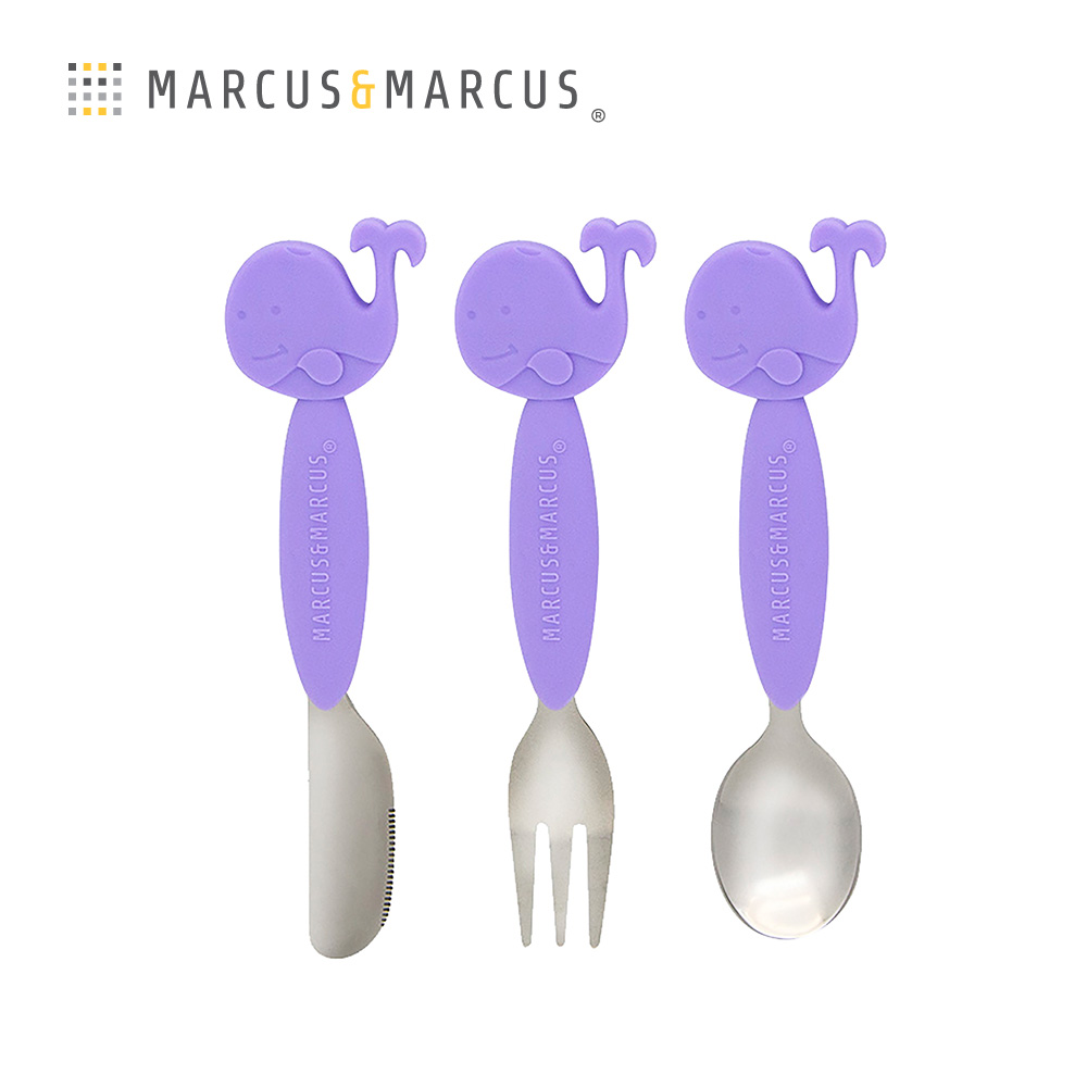 MARCUS＆MARCUS 動物樂園不鏽鋼刀叉匙三件組-紫鯨魚