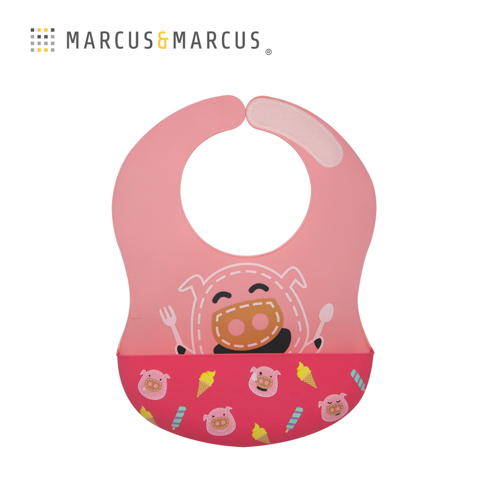 MARCUS＆MARCUS 動物樂園大口袋寬版矽膠立體圍兜-粉紅豬