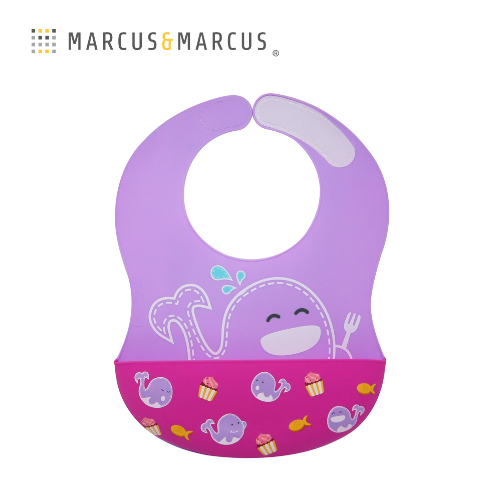 MARCUS＆MARCUS 動物樂園大口袋寬版矽膠立體圍兜-鯨魚
