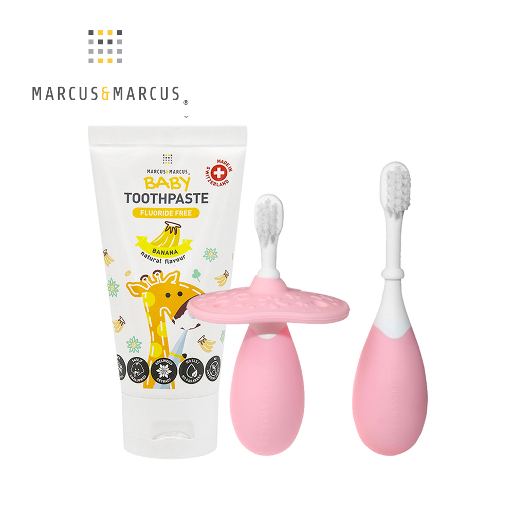 MARCUS＆MARCUS 寶寶潔牙呵護無氟組(三階段牙刷+牙膏)-香蕉
