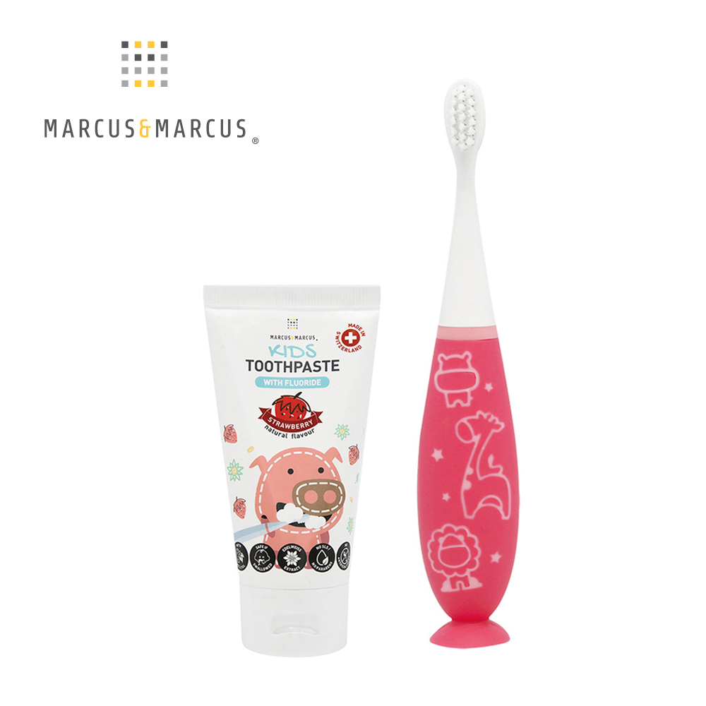 MARCUS＆MARCUS 幼兒潔牙呵護含氟組(替換式牙刷+牙膏)-草莓