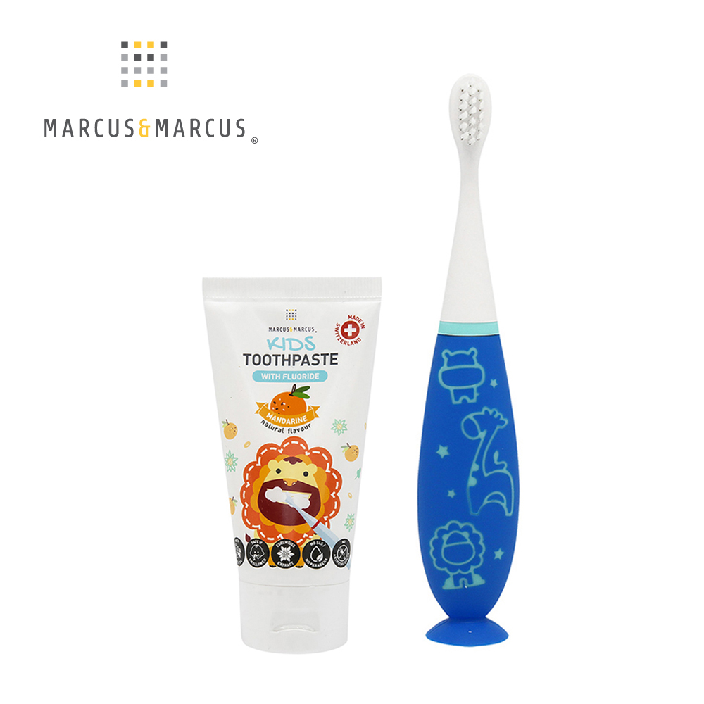 MARCUS＆MARCUS 幼兒潔牙呵護含氟組(替換式牙刷+牙膏)-甜橘