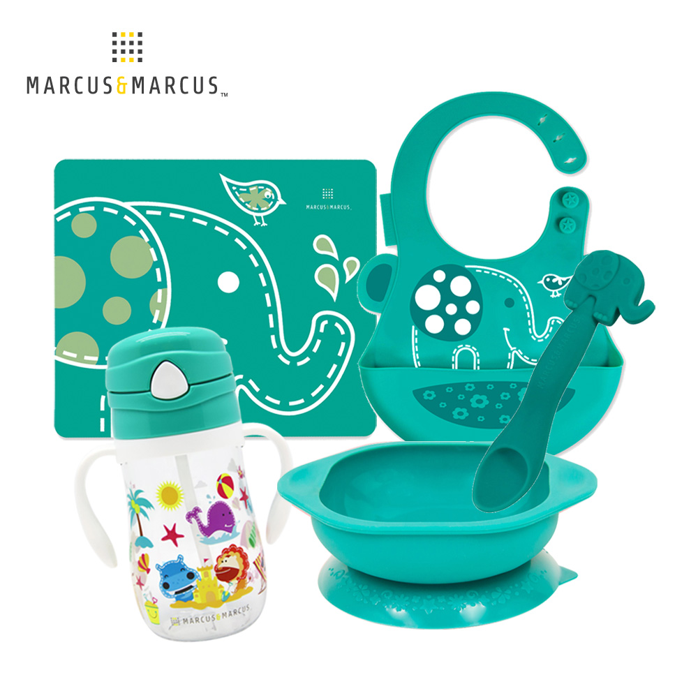 MARCUS＆MARCUS 嬰幼兒學習餐具 5件組(餐墊＋Tritan吸管杯＋吸盤碗＋餵食湯匙＋圍兜)-綠大象