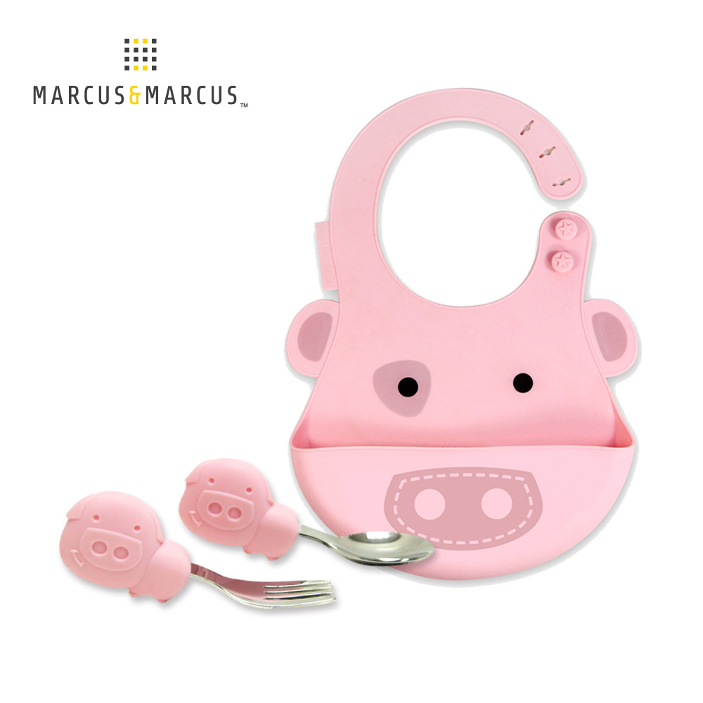 MARCUS＆MARCUS 大口吃飯學習餐具組(圍兜+握握叉匙) -粉紅豬