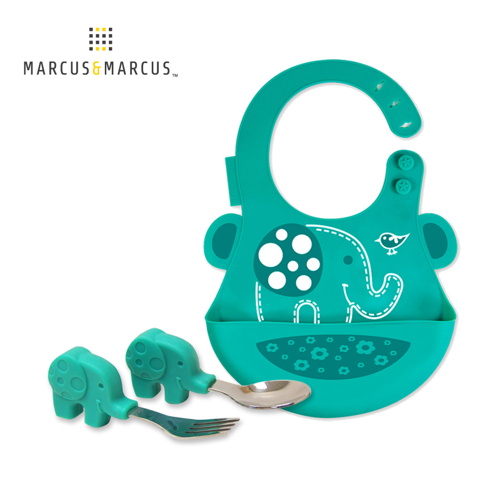 MARCUS＆MARCUS 大口吃飯學習餐具組(圍兜+握握叉匙) -綠大象