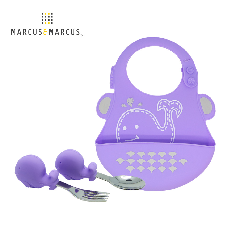 MARCUS＆MARCUS 大口吃飯學習餐具組(圍兜+握握叉匙) -紫鯨魚