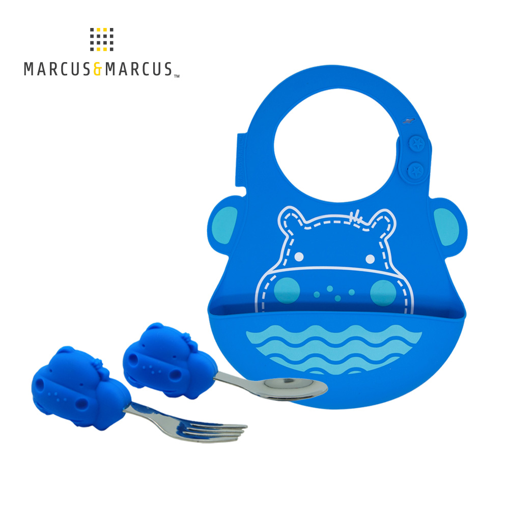 MARCUS＆MARCUS 大口吃飯學習餐具組(圍兜+握握叉匙) -藍河馬
