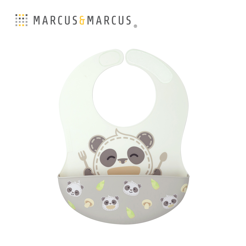 MARCUS＆MARCUS 動物樂園大口袋寬版矽膠立體圍兜-貓熊