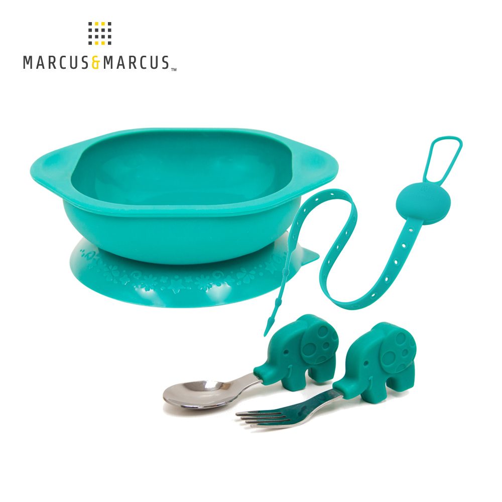 MARCUS＆MARCUS 好好吃飯學習餐具組(吸盤碗+握握叉匙+防掉帶) -綠大象