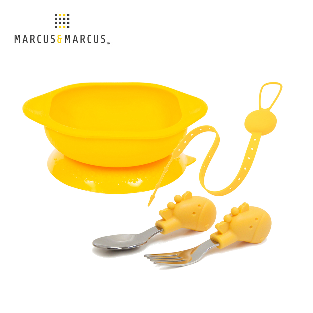 MARCUS＆MARCUS 好好吃飯學習餐具組(吸盤碗+握握叉匙+防掉帶) -黃長頸鹿