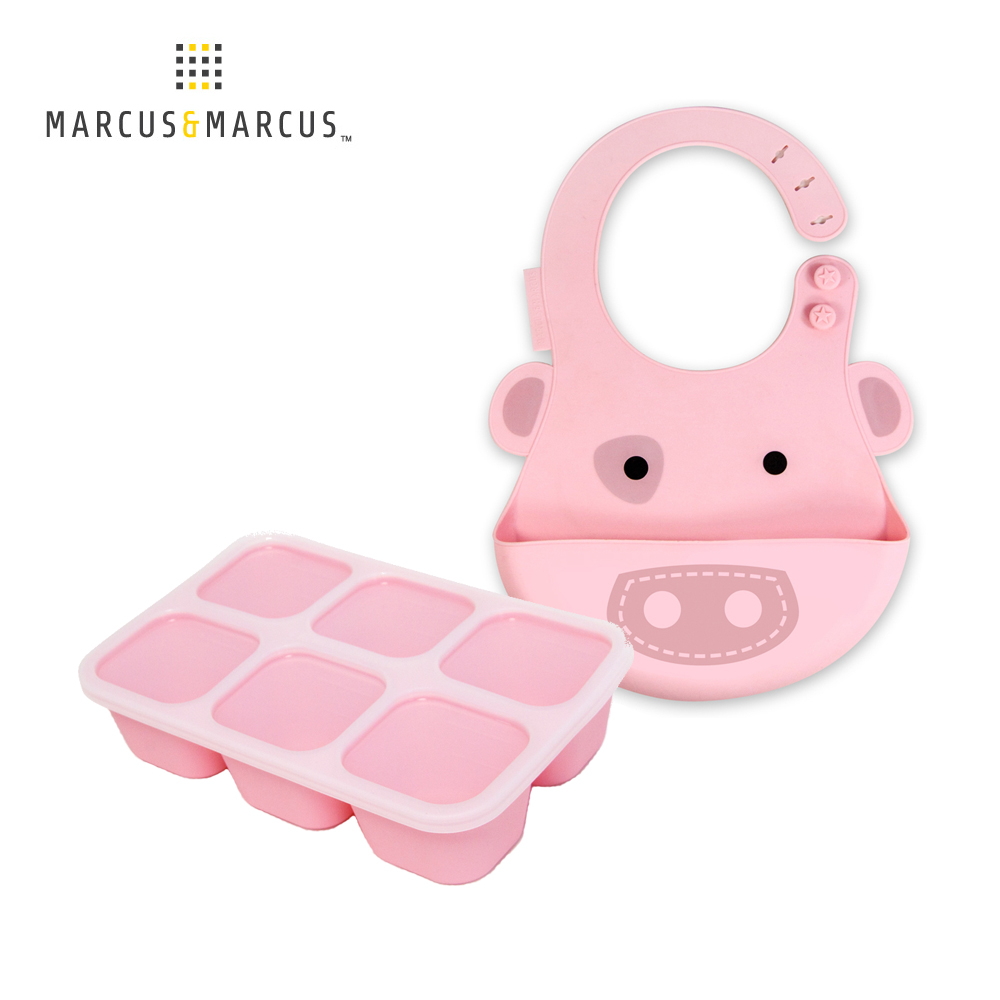 MARCUS＆MARCUS 萌寶快樂用餐組(造型圍兜+分裝盒)-粉紅豬