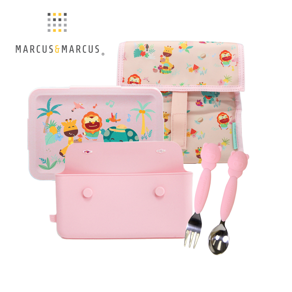 MARCUS＆MARCUS 輕巧餐盒保溫袋餐具5入組(餐盒+餐袋+輕巧外出餐具組)-粉