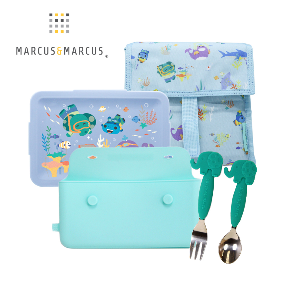 MARCUS＆MARCUS 輕巧餐盒保溫袋餐具5入組(餐盒+餐袋+輕巧外出餐具組)-藍綠