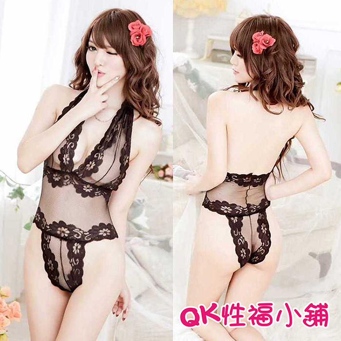 【QK性福小舖】透明網紗蕾絲 性感掛脖爆乳漏背連體衣緊身三點誘惑(QK012)