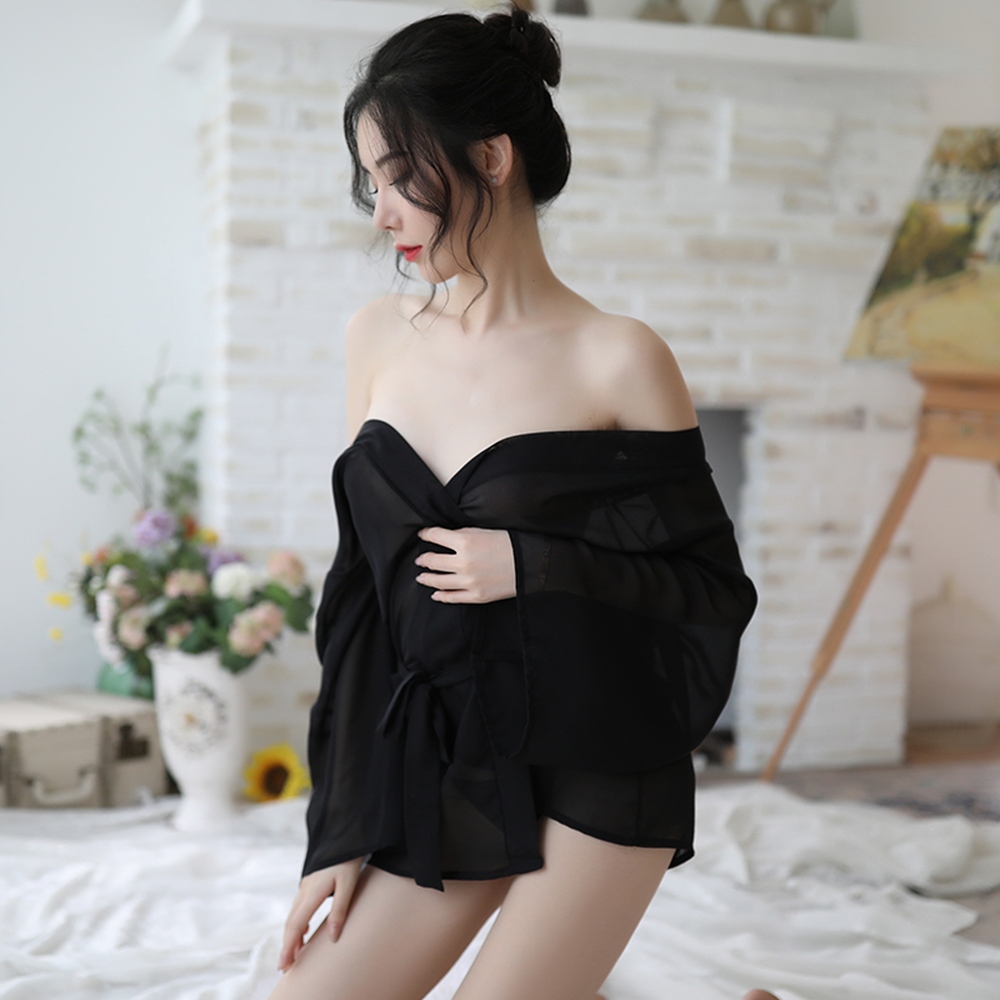 《女人香》輕柔薄款日式和服浴袍雪紡性感居家睡衣睡袍-黑