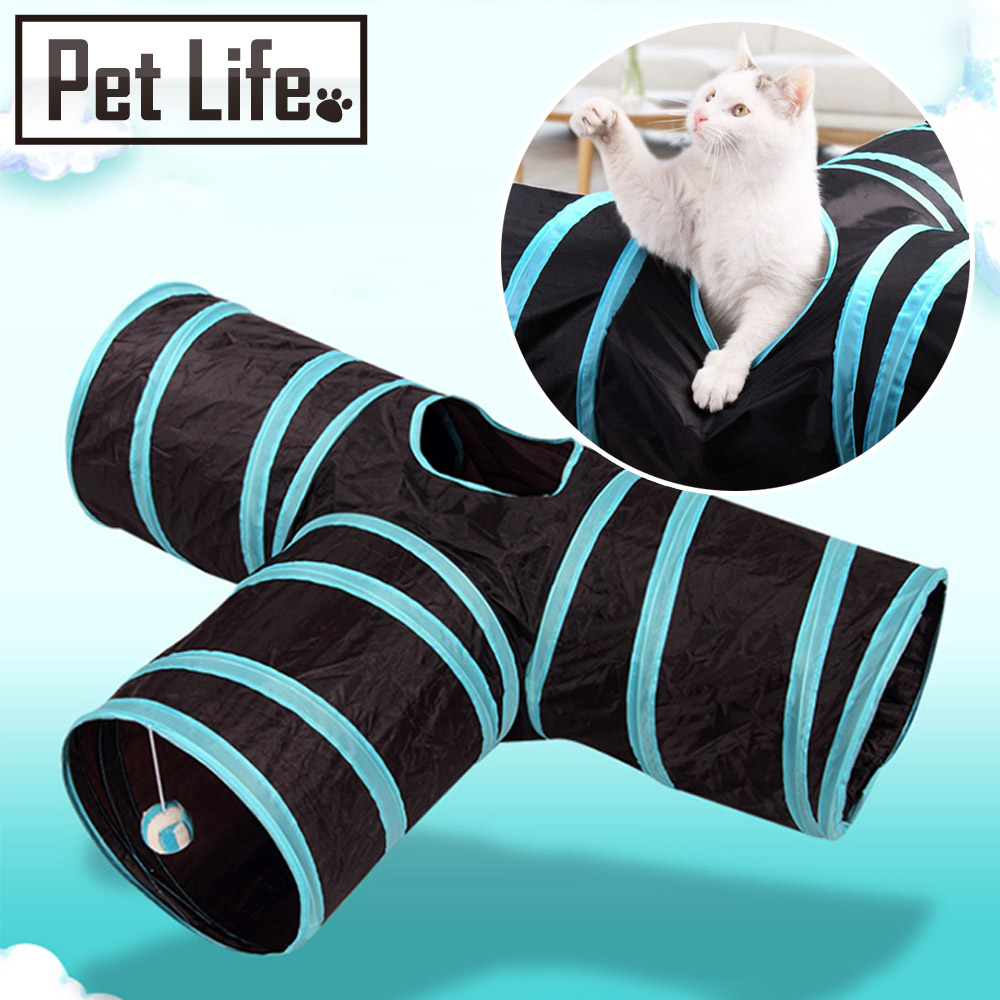 Pet Life 簡約風可折疊三通貓隧道/Ｔ字型寵物通道 藍色