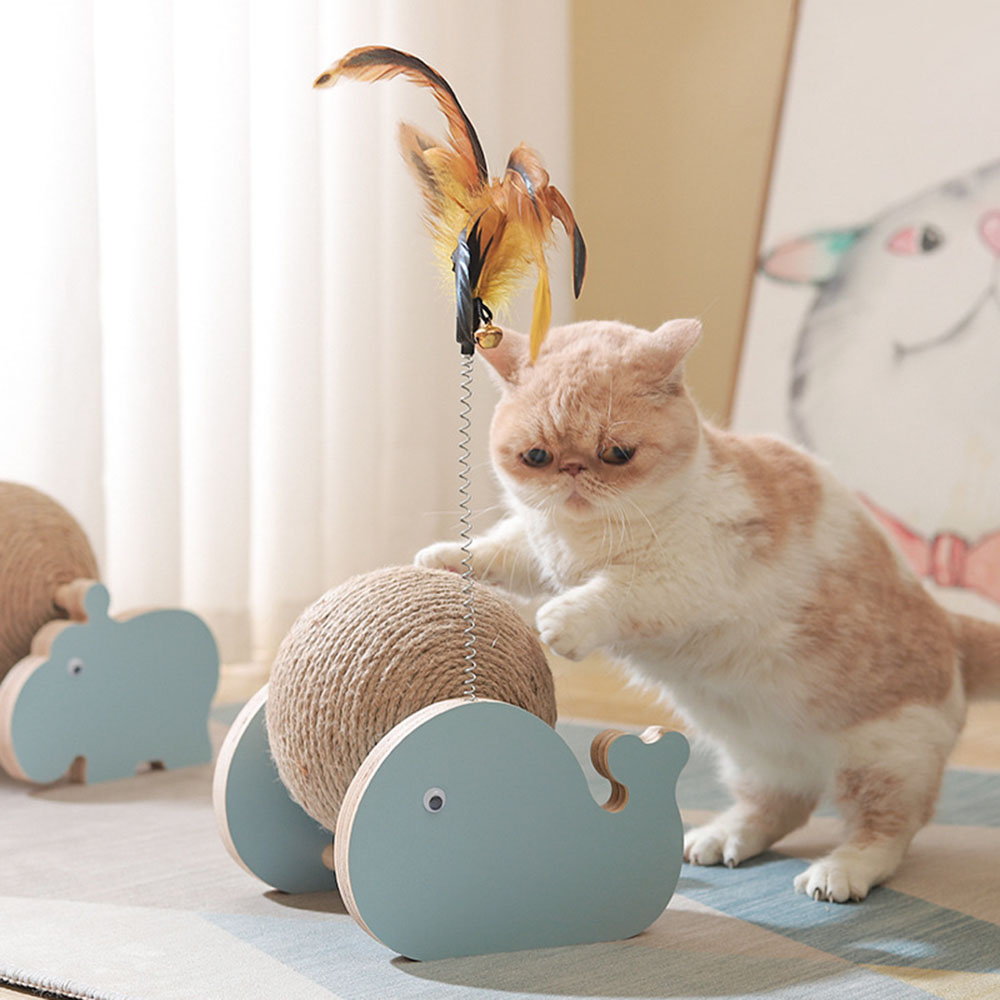 【寵物愛家】鯨魚造型實木貓抓磨爪劍麻球玩具
