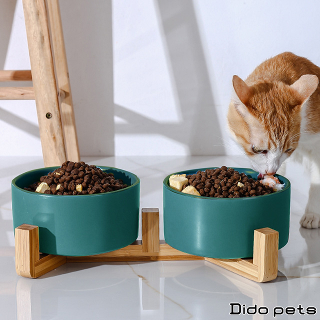 【Dido Pets】日系陶瓷木架寵物碗-雙碗(白/灰/綠) (PT004)