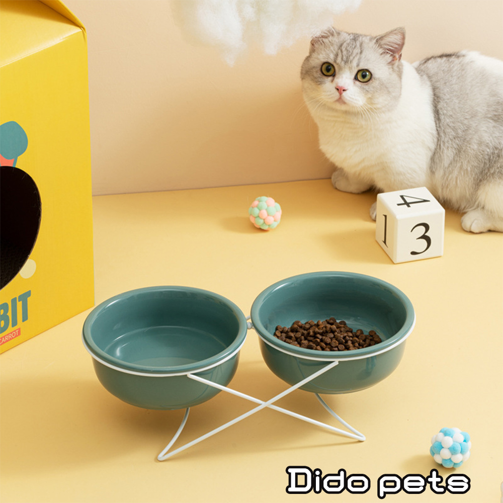 【Dido Pets】小清新 陶瓷寵物碗-雙碗款 (白/淺綠) (PT072)