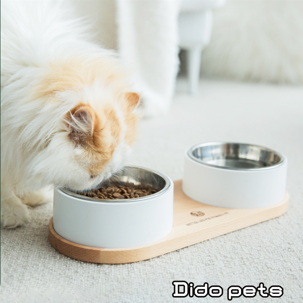 【Dido Pets】日系簡約風 304不鏽鋼木製寵物雙碗組(PT081)