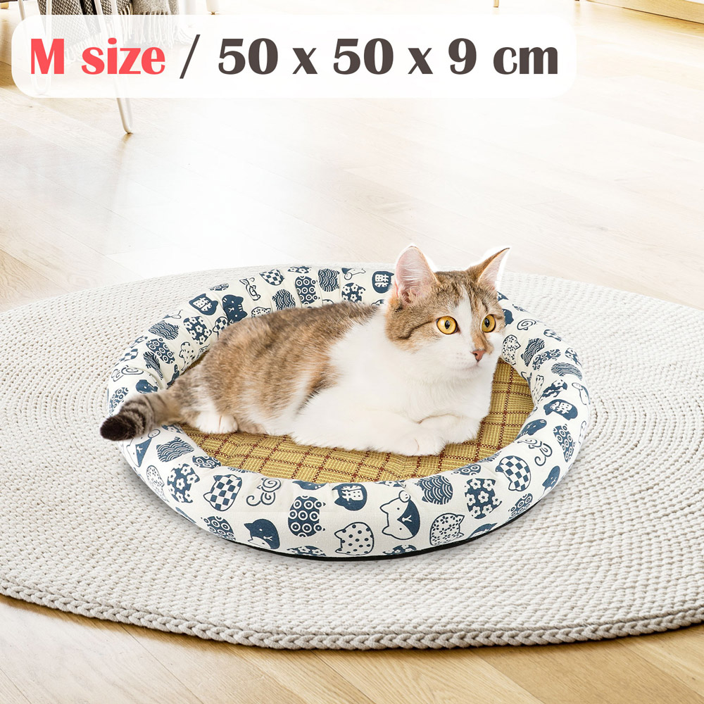 日式和風 寵物涼蓆墊(M號/50x50cm)-白底藍貓
