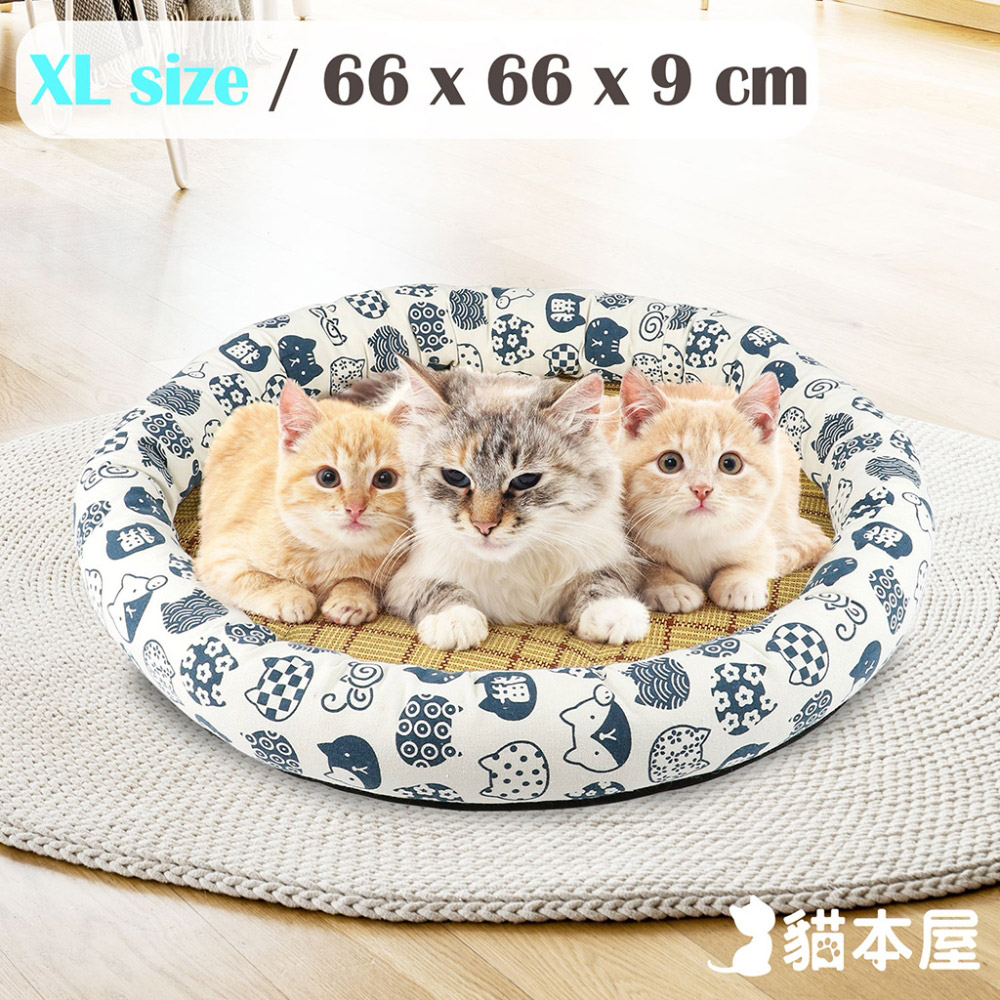 日式和風 寵物涼蓆墊(XL號/66x66cm)-白底藍貓