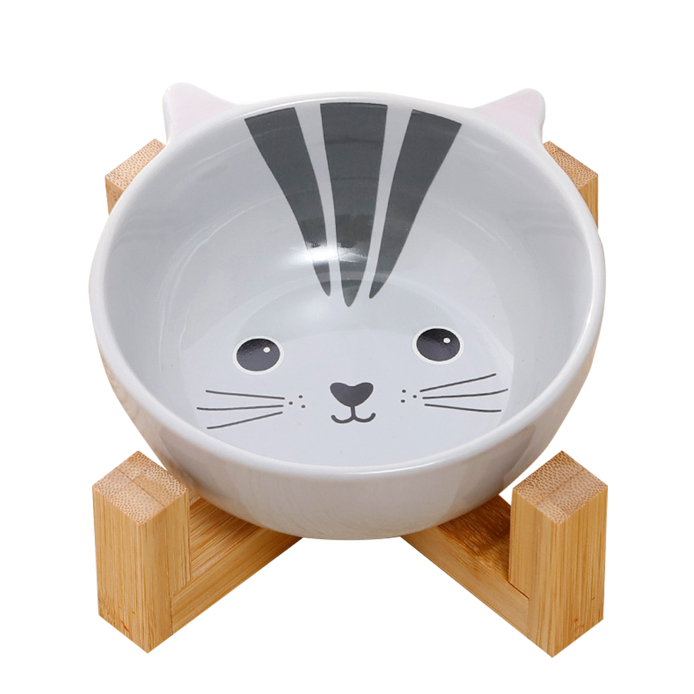 原色竹木架寵物卡通陶瓷餐碗 灰色貓咪款