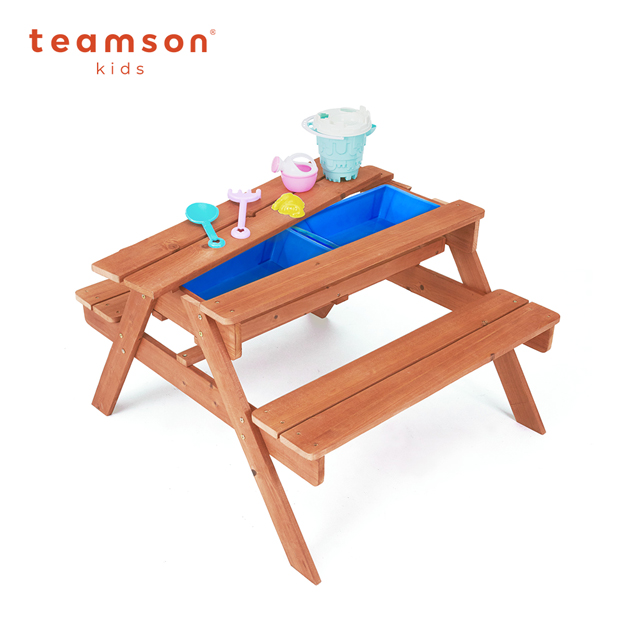 Teamson戶外綠洲兒童玩沙木製摺疊桌椅組(附玩沙玩具8件組)